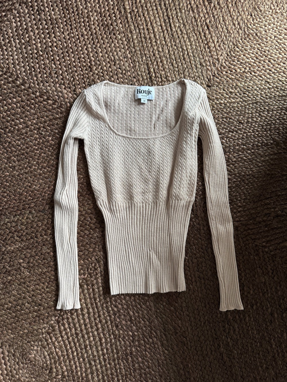 Rouje Beige Ribbed Square Neck Top Sz 38